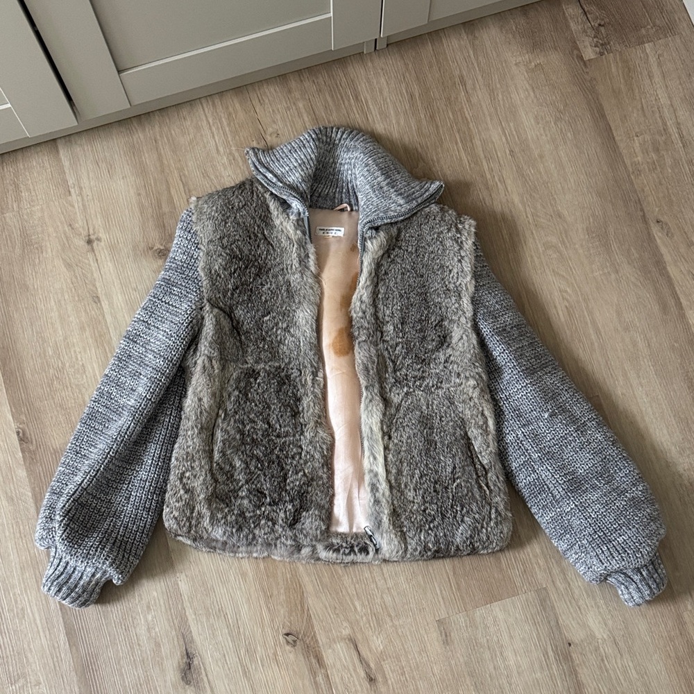 Vtg Gray and Brown Fur Jacket with Knitted Sleeve and Collar Sz S